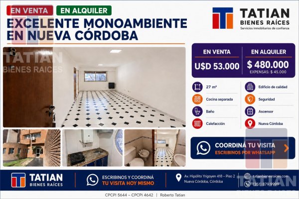 Departamento en venta | 1 ambientes | Nueva Cordoba | Cordoba