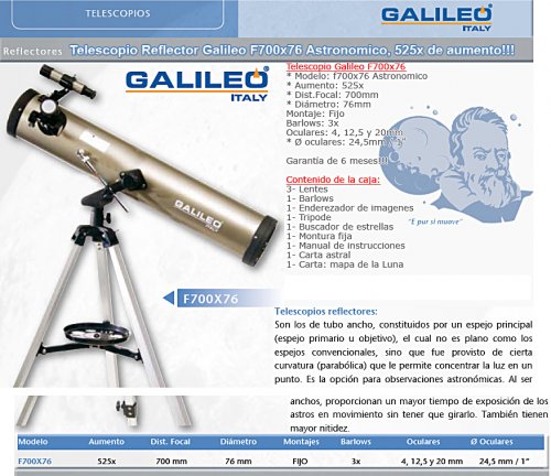 TELESCOPIO GALILEO 700 X 76 REFLECTOR en Azul - Región 20